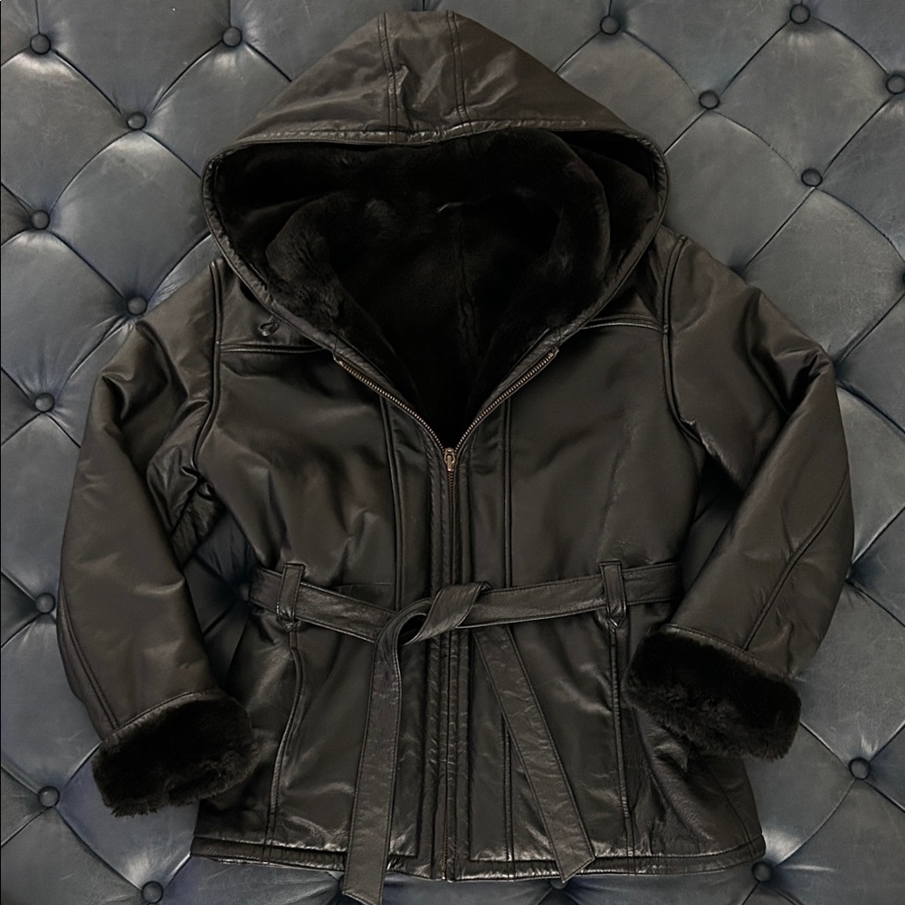 Vintage Leather Black with Faux Fur Lined Hooded Jacket - Women’s medium.